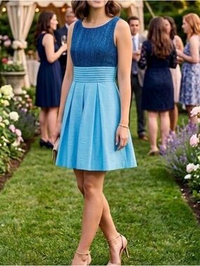 Anthropologie Eva Franco blue fit & flare sleeveless dress Pintuck linen blend 2